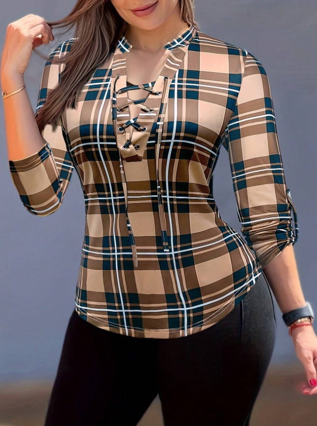 Women's Plaid Notch Neck Criss Cross Tie Short Sleeve T-Shirt