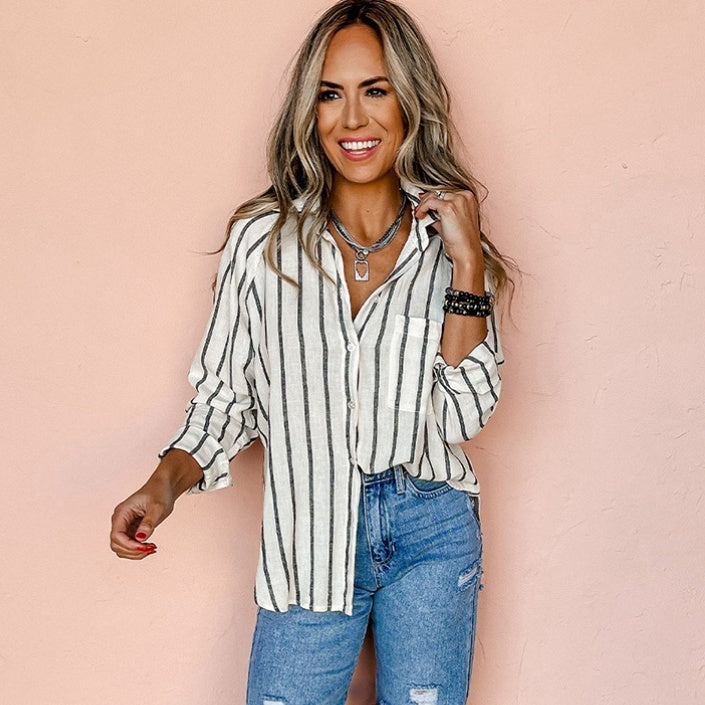 European And American Commuters' Polo Collar Stripes Shirt For Women