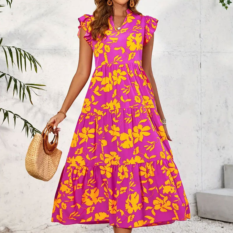 Ruffled Vacation Style Sleeveless Printed Dress