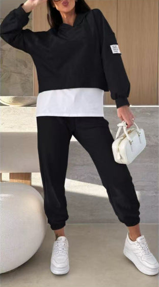 Spring And Autumn Women's Hooded Fashion Solid Color Casual Suit