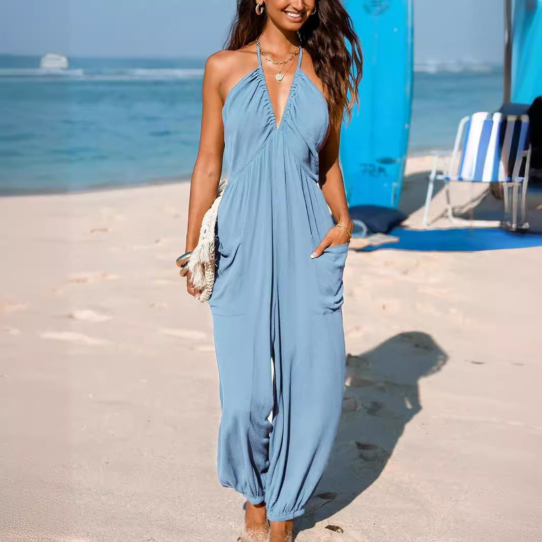 Back Lace-up Wide Leg Beam Foot Length Jumpsuit