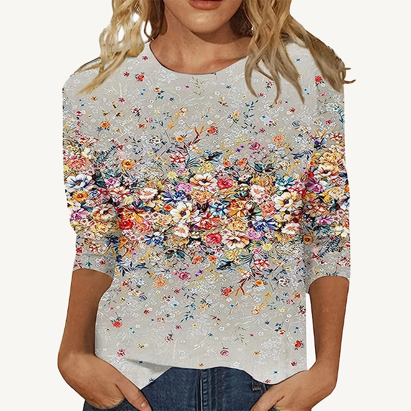 European And American Flower Plant Printed Round Neck Long Sleeve