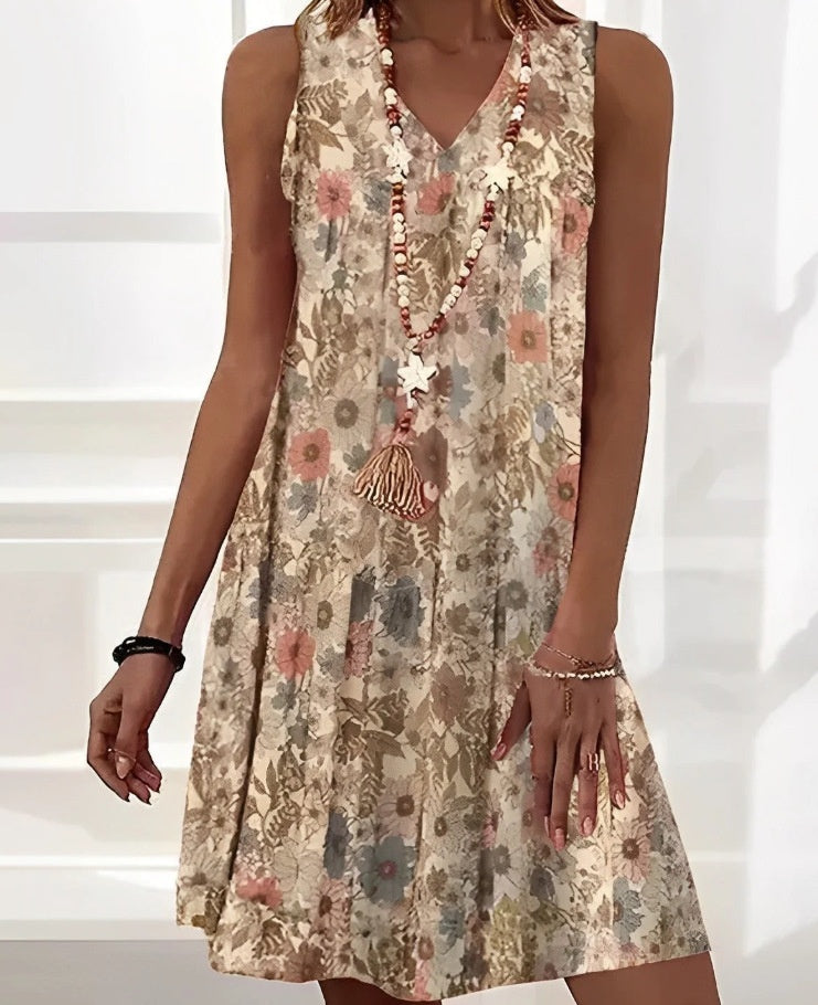 Loose V-neck Pullover Sleeveless Printed Mid-length Dress