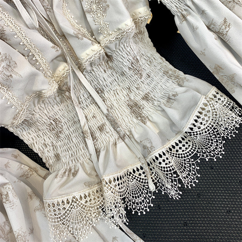 Printed Waist Lace One Word Collar Top Temperament