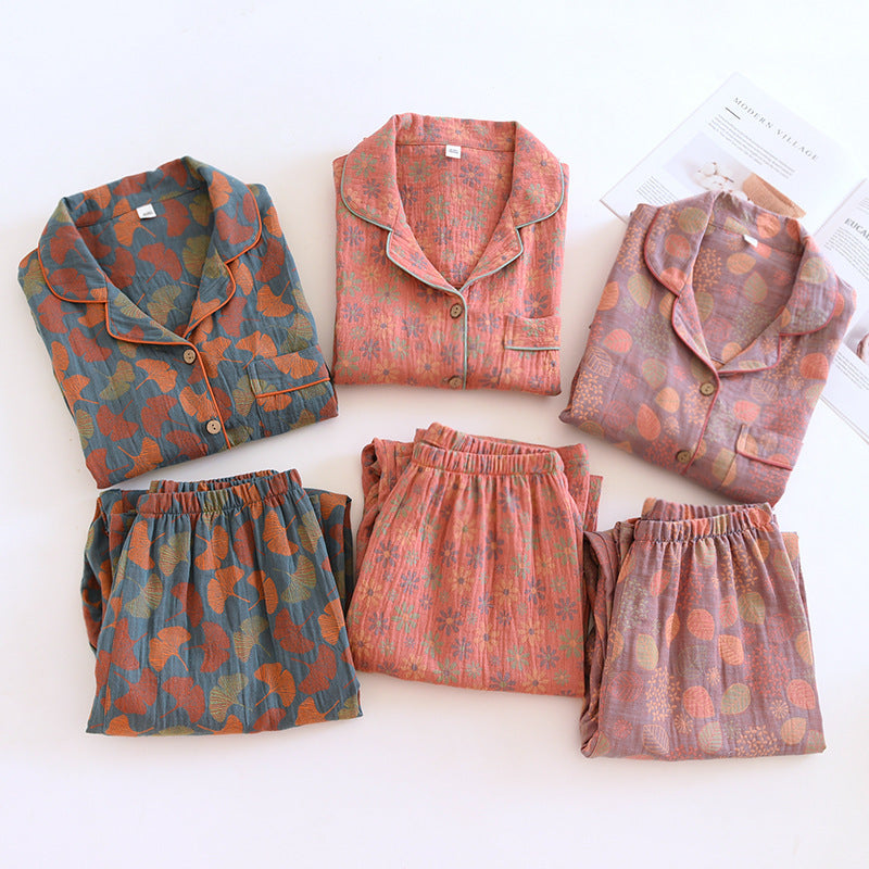 Retro Flower Home Wear Breathable Antique Mom Pajamas Long-sleeve Suit