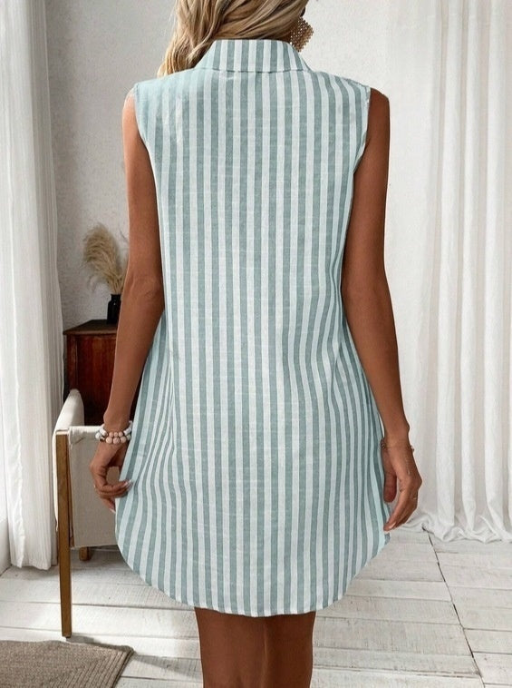 Loose Sleeveless V-neck Buttons Striped Shirt Dress