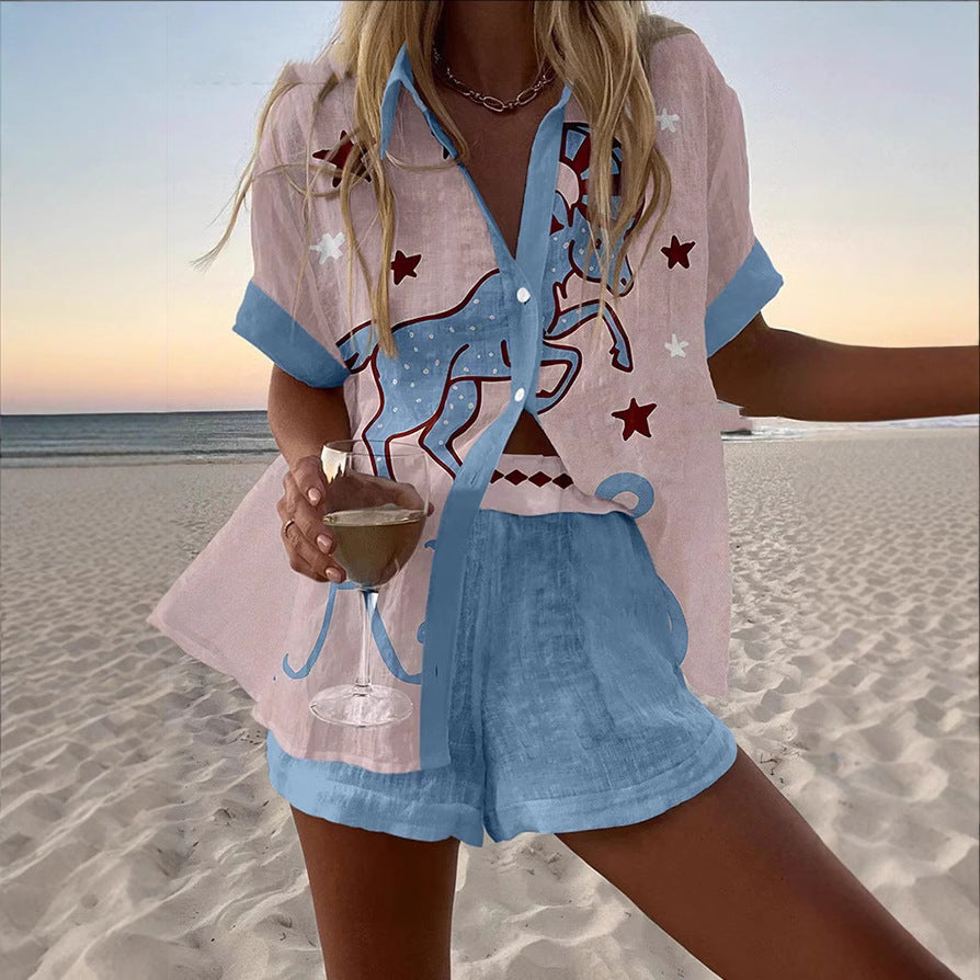 Women's Fashion Printed Casual Vacation Style Cardigan Shorts Suit