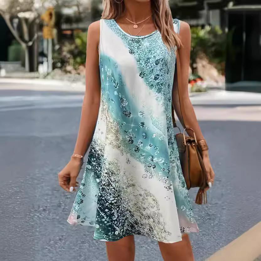 Printed Sleeveless Round Neck Abstract Dress Women