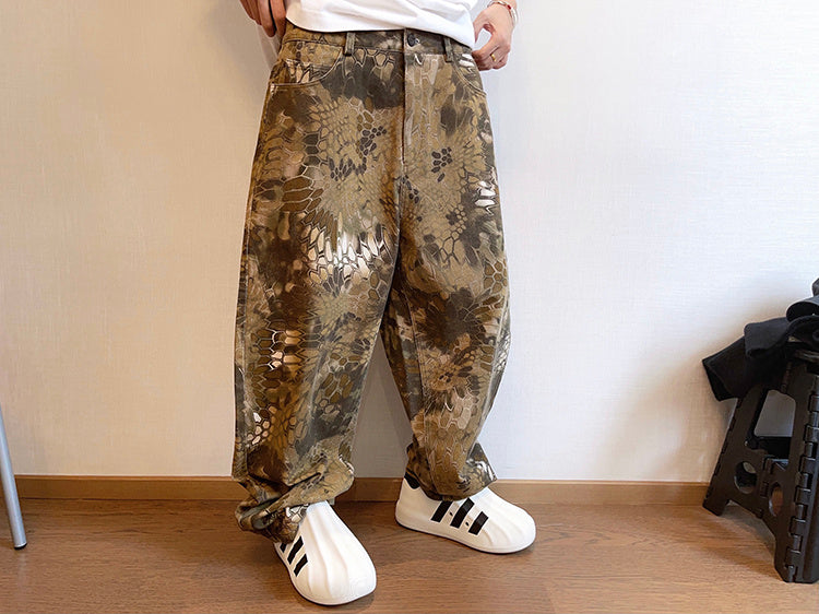 Spring Retro Canvas Snake Pattern Camouflage Heavy Washed Ruan Handsome Loose Casual Pants