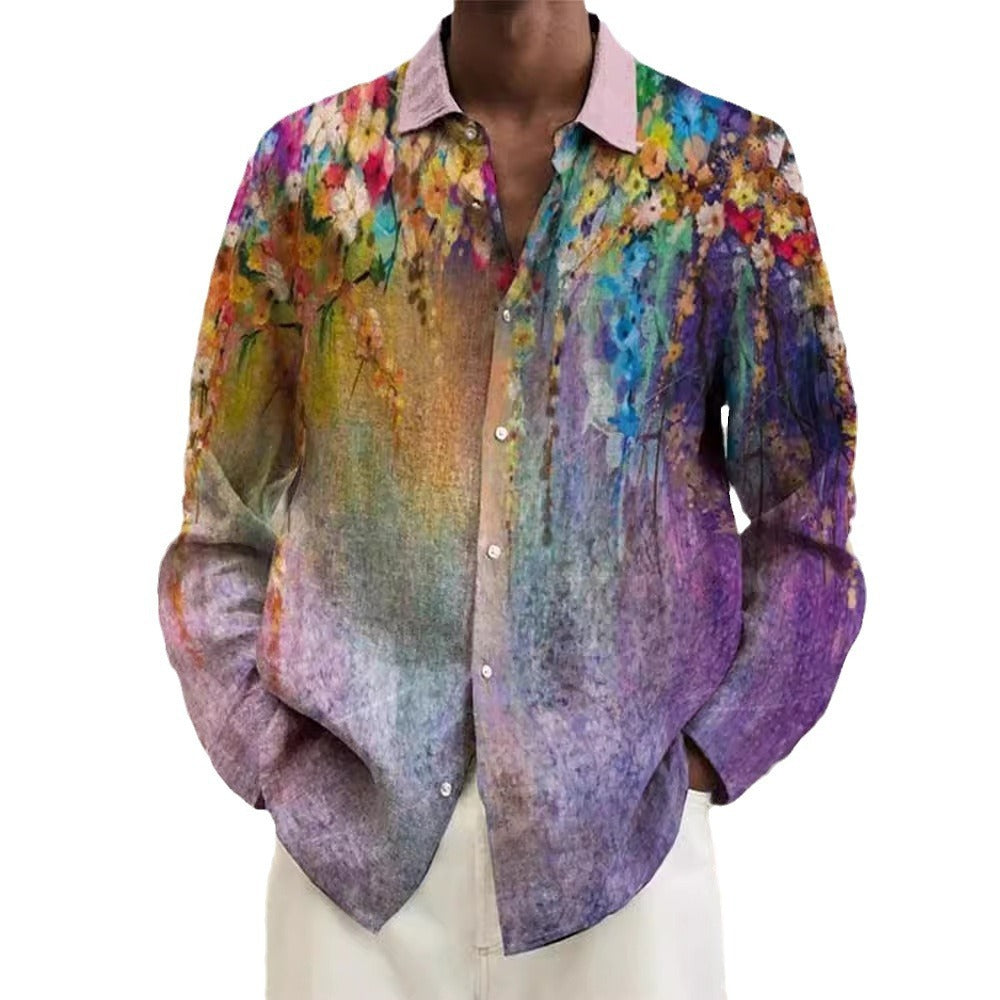 Lapel Bamboo Linen Men's Casual 3D Printing Long Sleeve Shirt Top