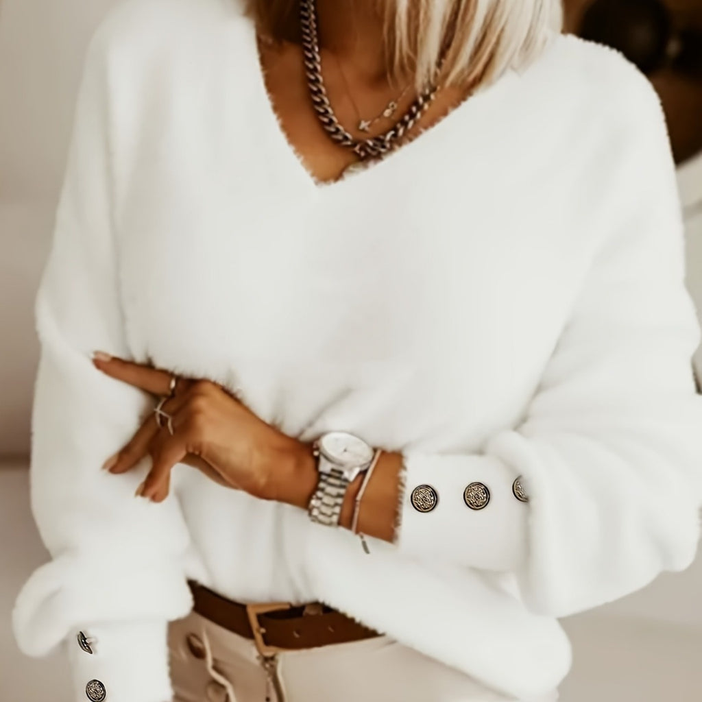 European And American V-neck Solid Color Loose Temperament Knitted All-matching Sweater