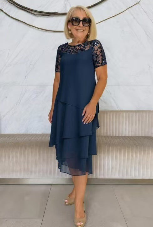 Lace Stitching 34 Sleeve Mid-length Knee-length Chiffon