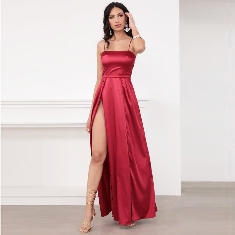 Satin Chest Wrap Backless Slit Slim Temperament Commute Solid Color Strap Type Dress
