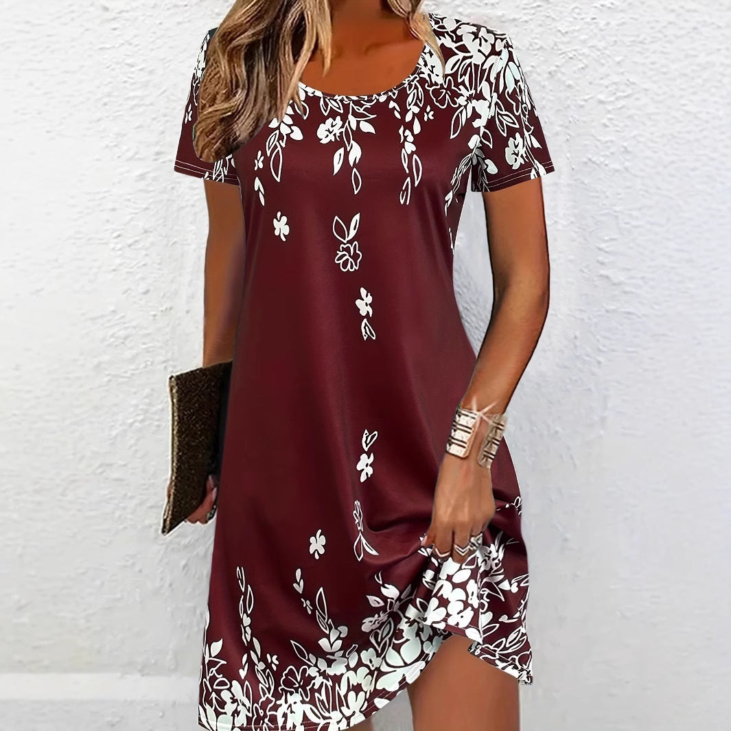 Retro Style Dress Women's Summer Plant Slimming Printed Round Neck Long Sleeve