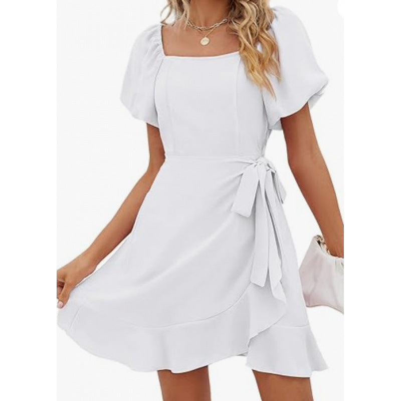 Women's Square Collar Solid Color Puff Sleeve Dress Lace-up Waist