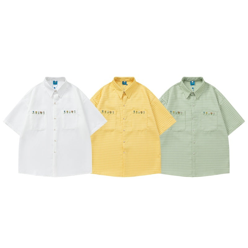 Plaid Embroidered Short-sleeved Loose All-match Couple Shirt