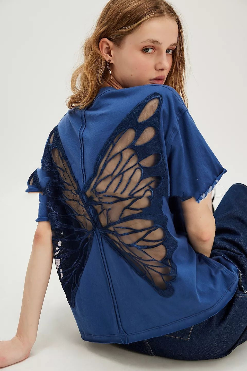 Street Hollow Butterfly Hot Girly Style Ins Loose Short Round Neck T-shirt