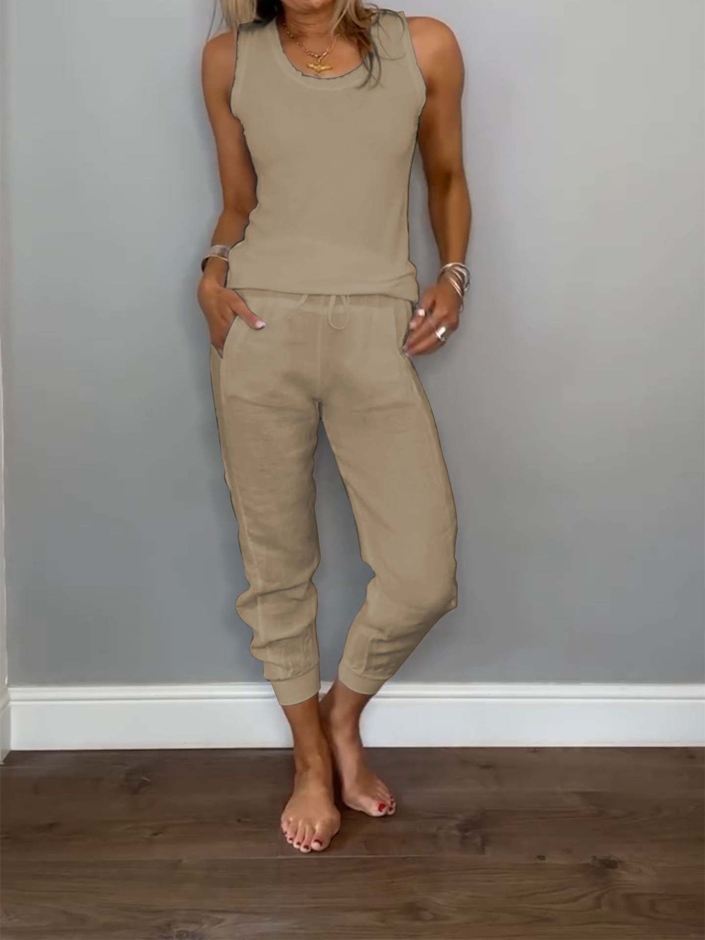 Cotton Linen Vest Drawstring Casual Pants Suit