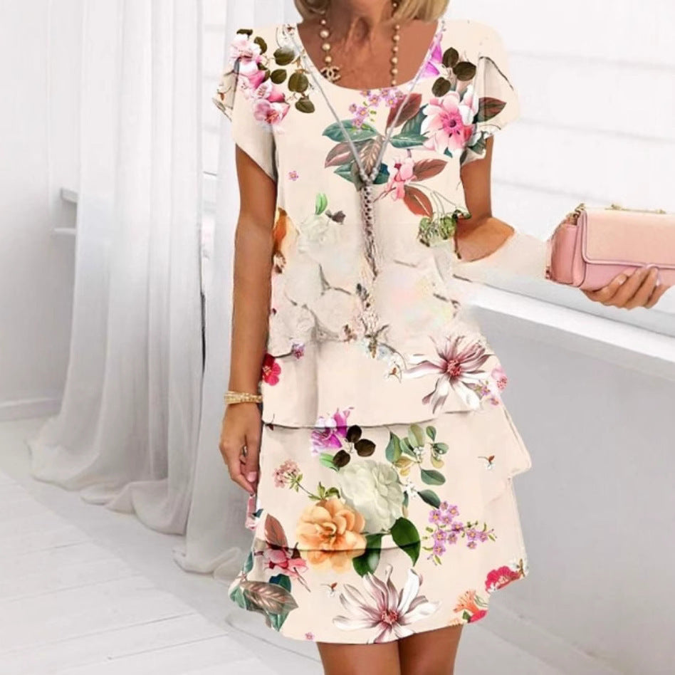 Women's Short-sleeved Round Neck 3D Printed Chiffon Dress