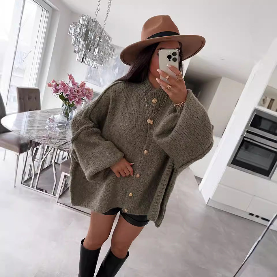 Autumn And Winter Solid Color British Style Vintage Button Cardigan Batwing Sleeve Sweater Coat