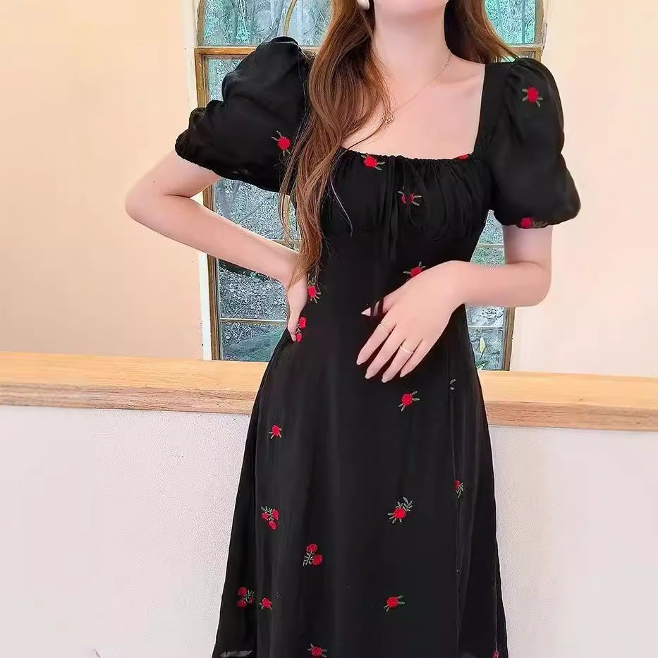 Mori Style French Dress Stunning Black Square Collar Floral Dress