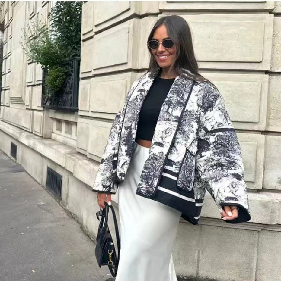 Fashion Vintage Print Color Contrast Short Leisure Warm Cotton Coat