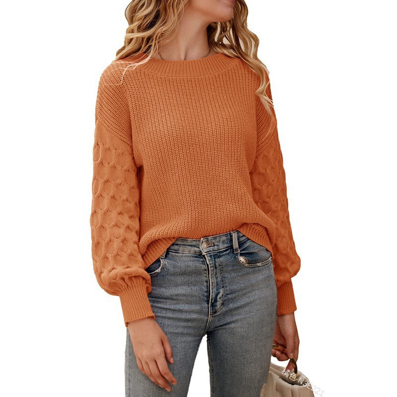 Women's Fashion Lantern Sleeve Knitted Solid Color Top