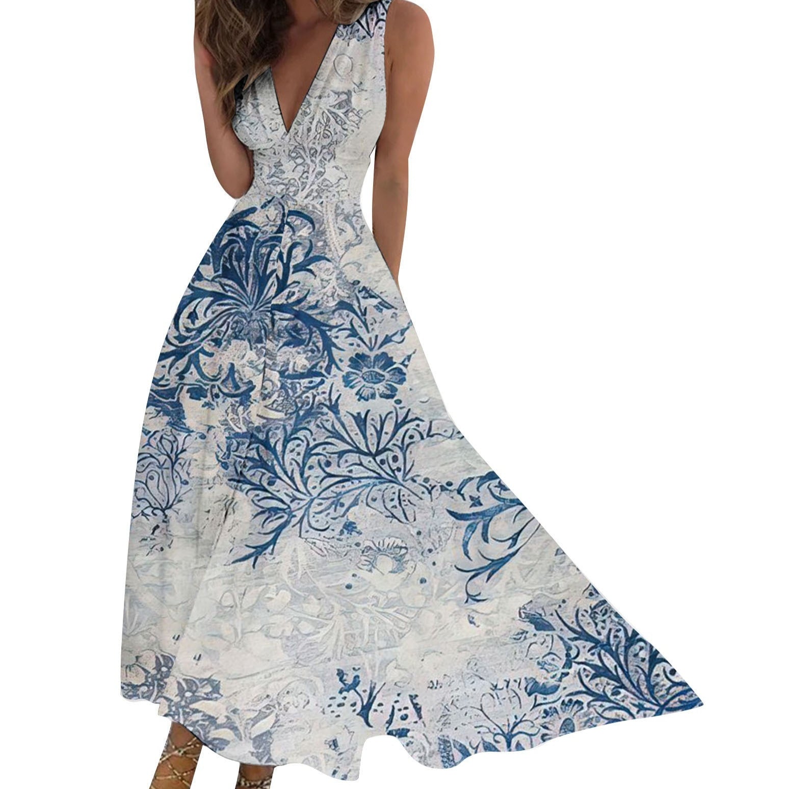 Long Skirt V-neck Sleeveless Digital Printing