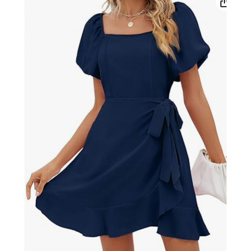 Women's Square Collar Solid Color Puff Sleeve Dress Lace-up Waist