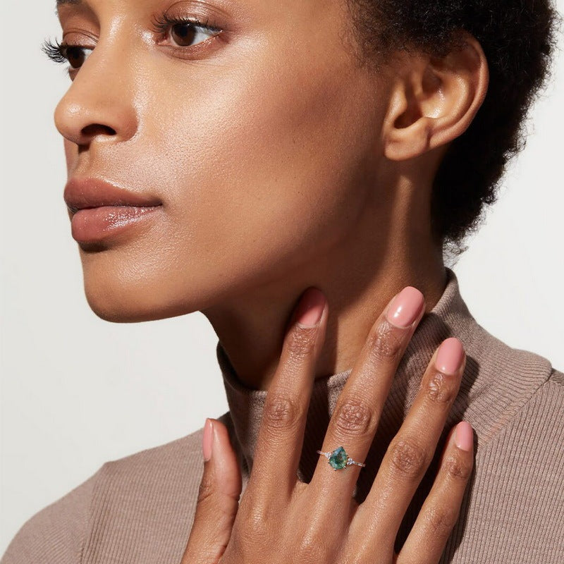 S925 Silver Green Moss Water Plants Agate Ring