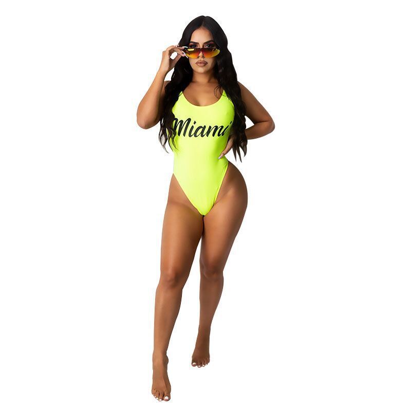 Solid Color Letter Printing Open Back Swimsuit