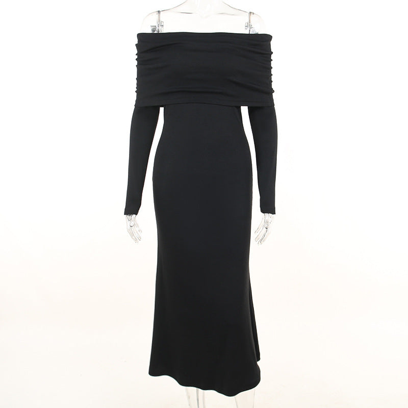 Knitted Off-shoulder Long Sleeve Fishtail Dress Ins Spring French Retro