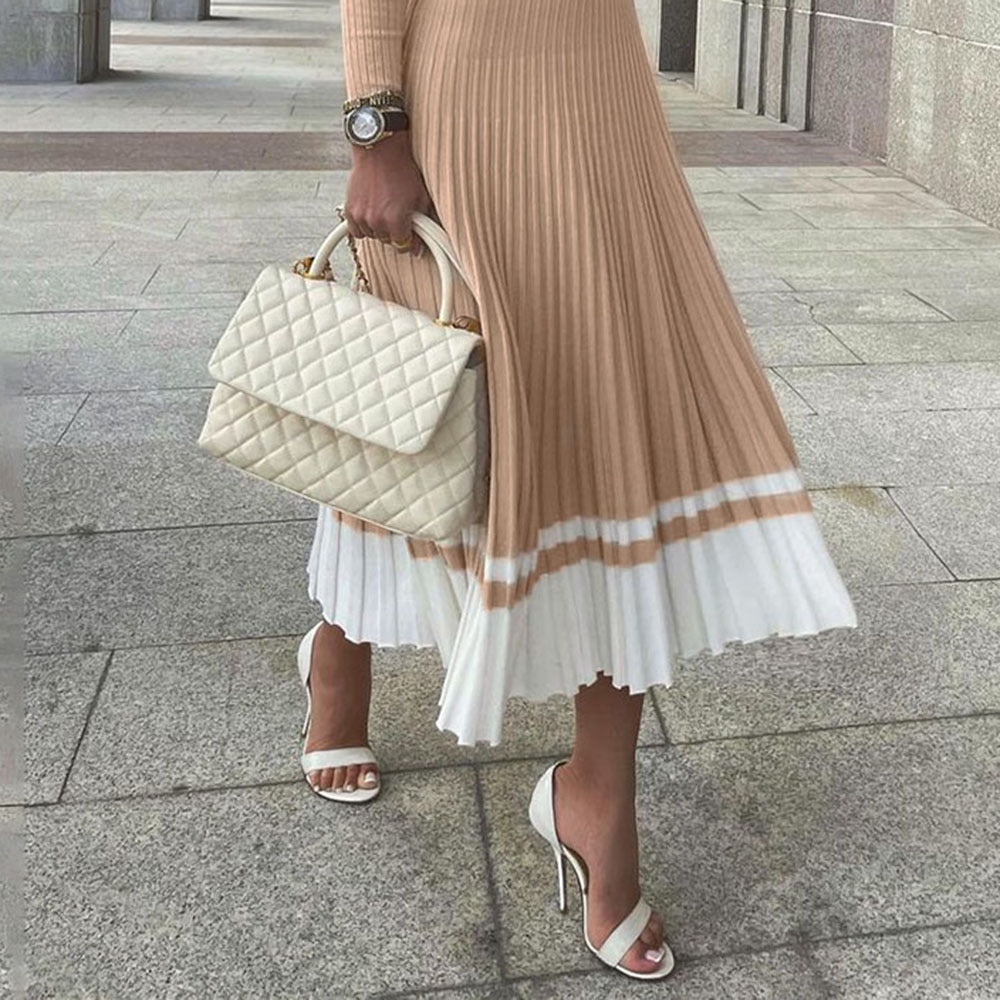 Belted Slim V Neck Knitted Pleated Dress