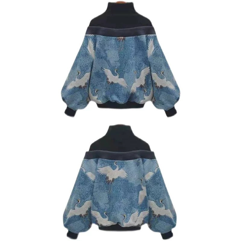Women's Fashion Stitching Crane Print Sweater