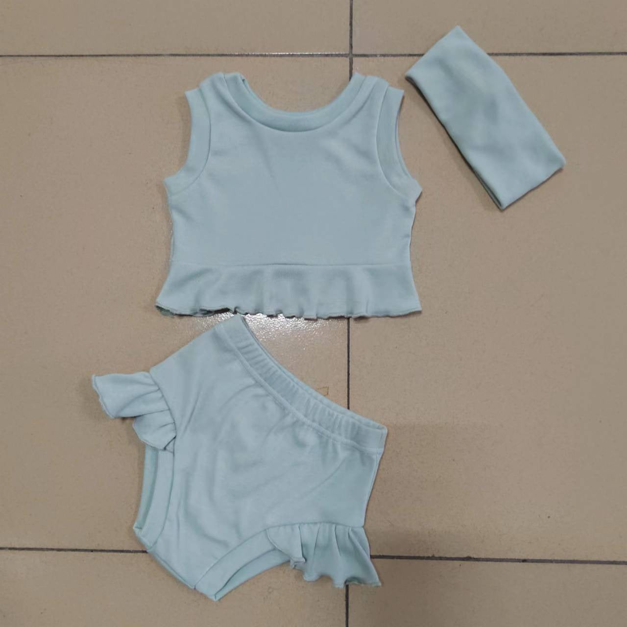 Infant Simple Summer Top And Bottom Headscarf Three-piece Set