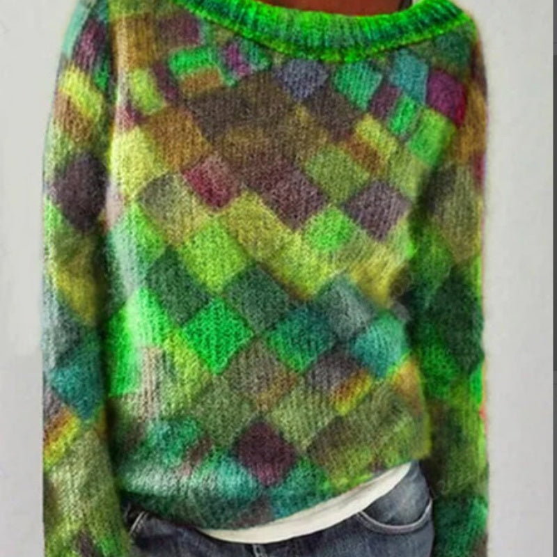 Printed Long Sleeve Collar Sweater Women's Polyester Multi-color Retro