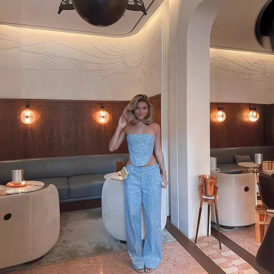 Women's Sexy Denim Sequined Slim-fit Tube Top Wide-leg Pants