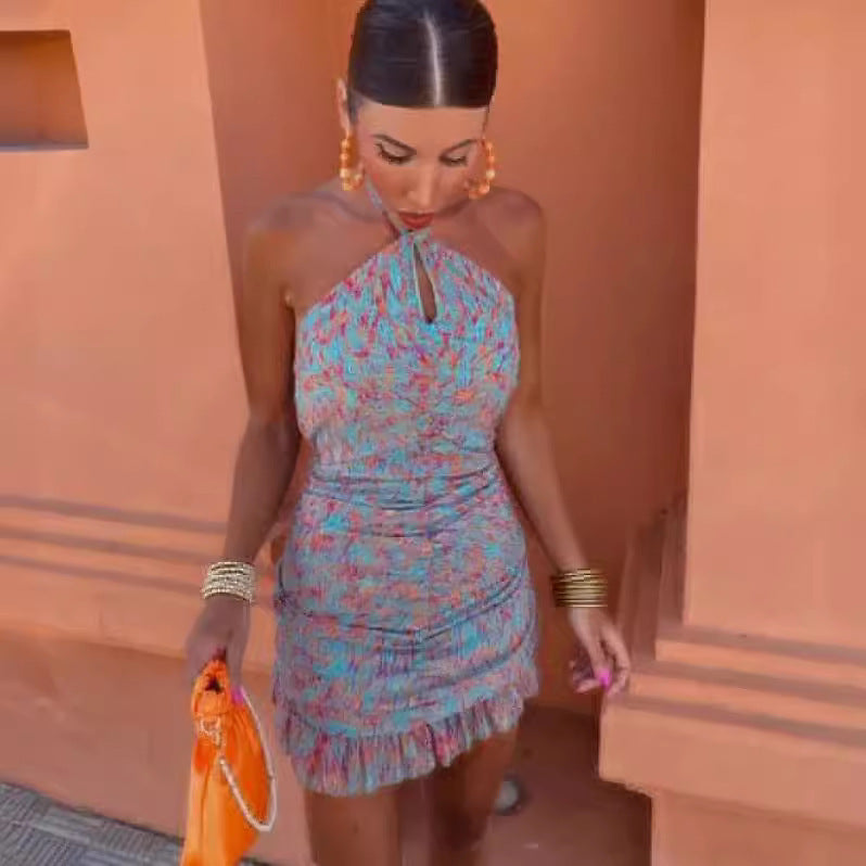 Cross-border European And American Women's Clothing Printing Cross-halterneck Dress