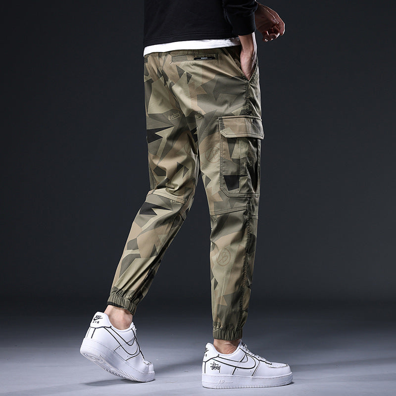 Elastic Waist Camouflage Multi-bag Casual Pants Men's Japanese Fashion Brand Loose Tappered Cropped Pants Outdoor Harem Overalls