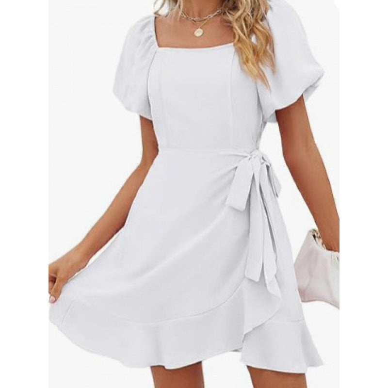 Women's Square Collar Solid Color Puff Sleeve Dress Lace-up Waist