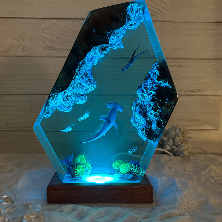 Hammerhead Shark Ocean Small Night Lamp Solid Wood Epoxy Ornament Decoration