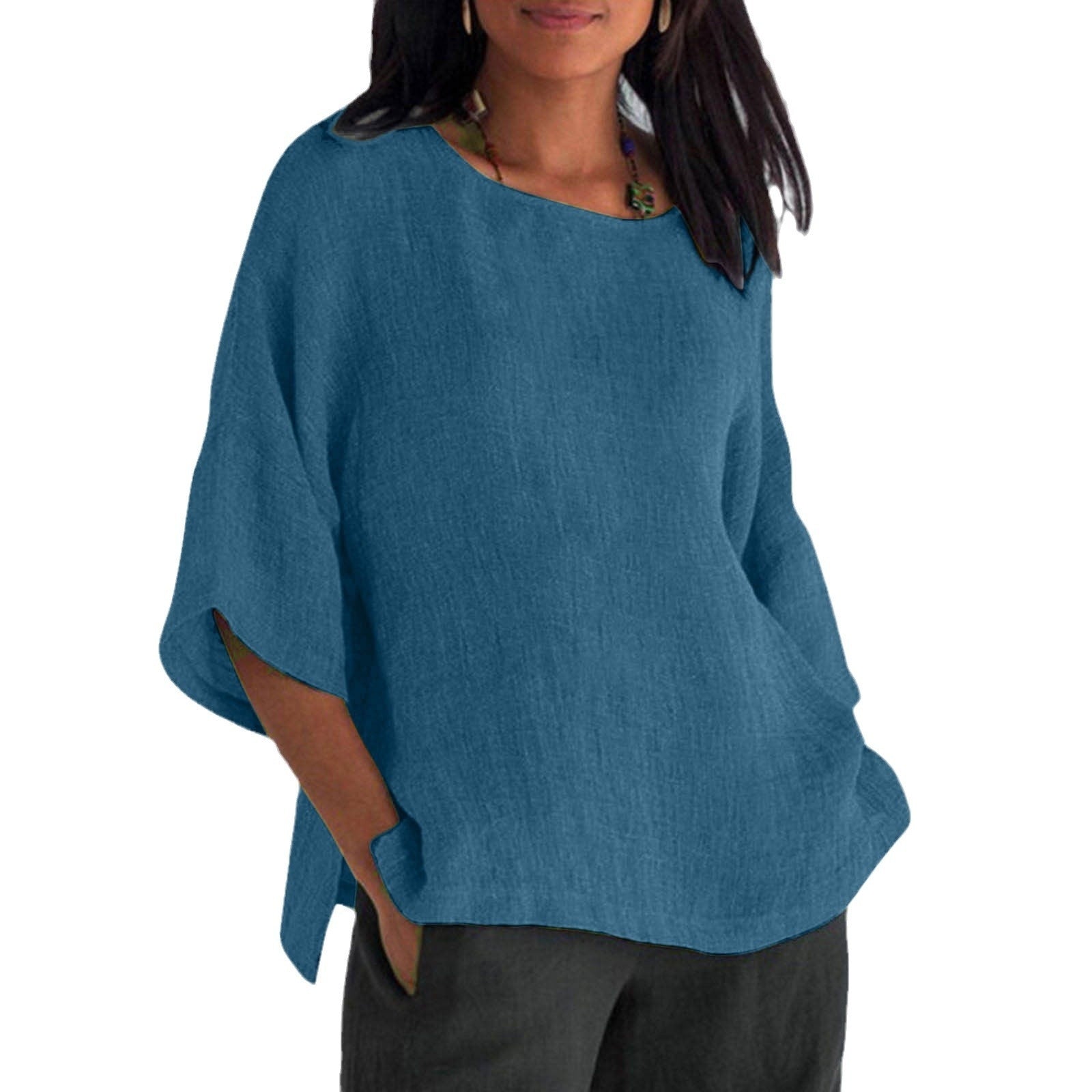 Women's Three-quarter Sleeve Round Neck Cotton And Linen Shirt Top