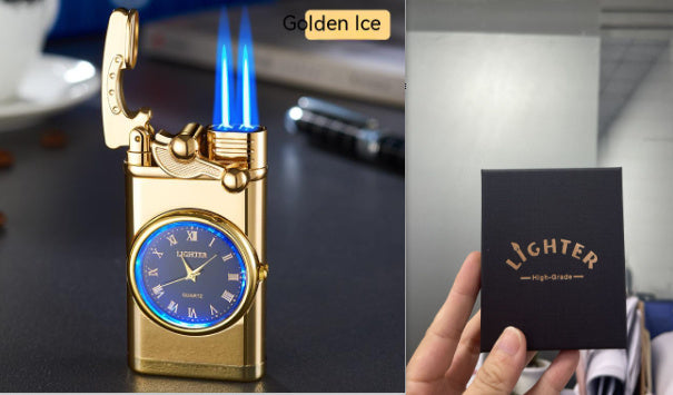 New Lighter With Electric Watch Rocker Arm Automatic Ignition Straight Blue Flame Lighter Creative Real Dial Inflatable Windproof Lighter Men's Watch Gift