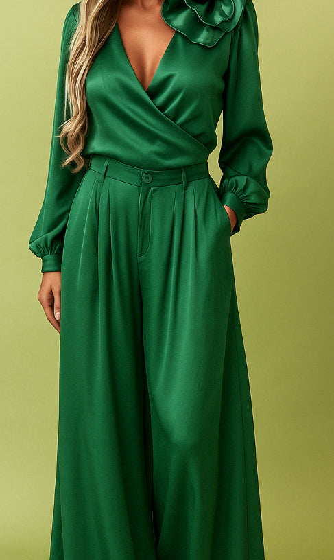 Women's Luxury Elegant V-neck Satin Long Sleeve Top Wide Leg Pants Suit