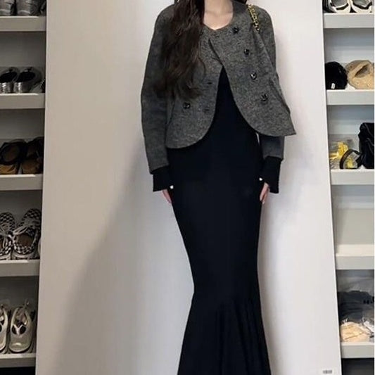 Step By Step Lotus Skirt Long Sleeve Fishtail Black Dress