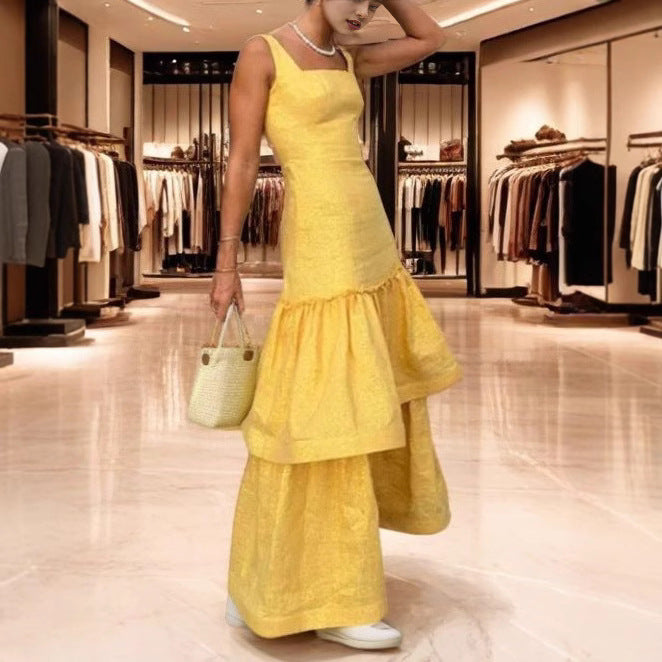 Square Collar Ruffled Spaghetti Straps Dress Elegant Sleeveless