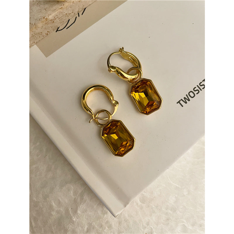 French Pastoral Vintage Antique Brass Color Stone Earrings Women