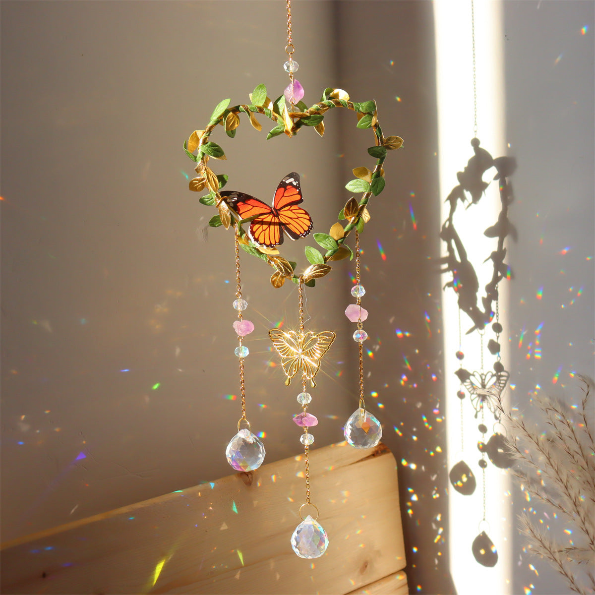 Natural Crystal Leaf Flower Butterfly Leaves Moon Wind Chimes Sun Catcher Pendant