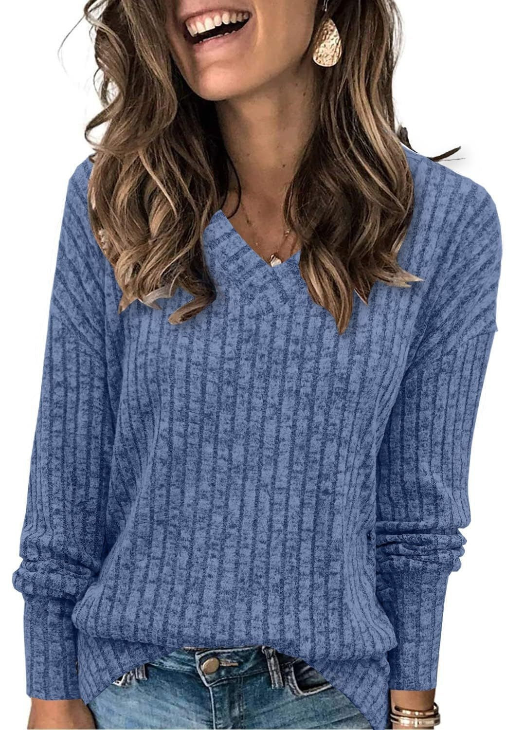 Top V-neck Long Sleeve Sunken Stripe Brushed T-shirt