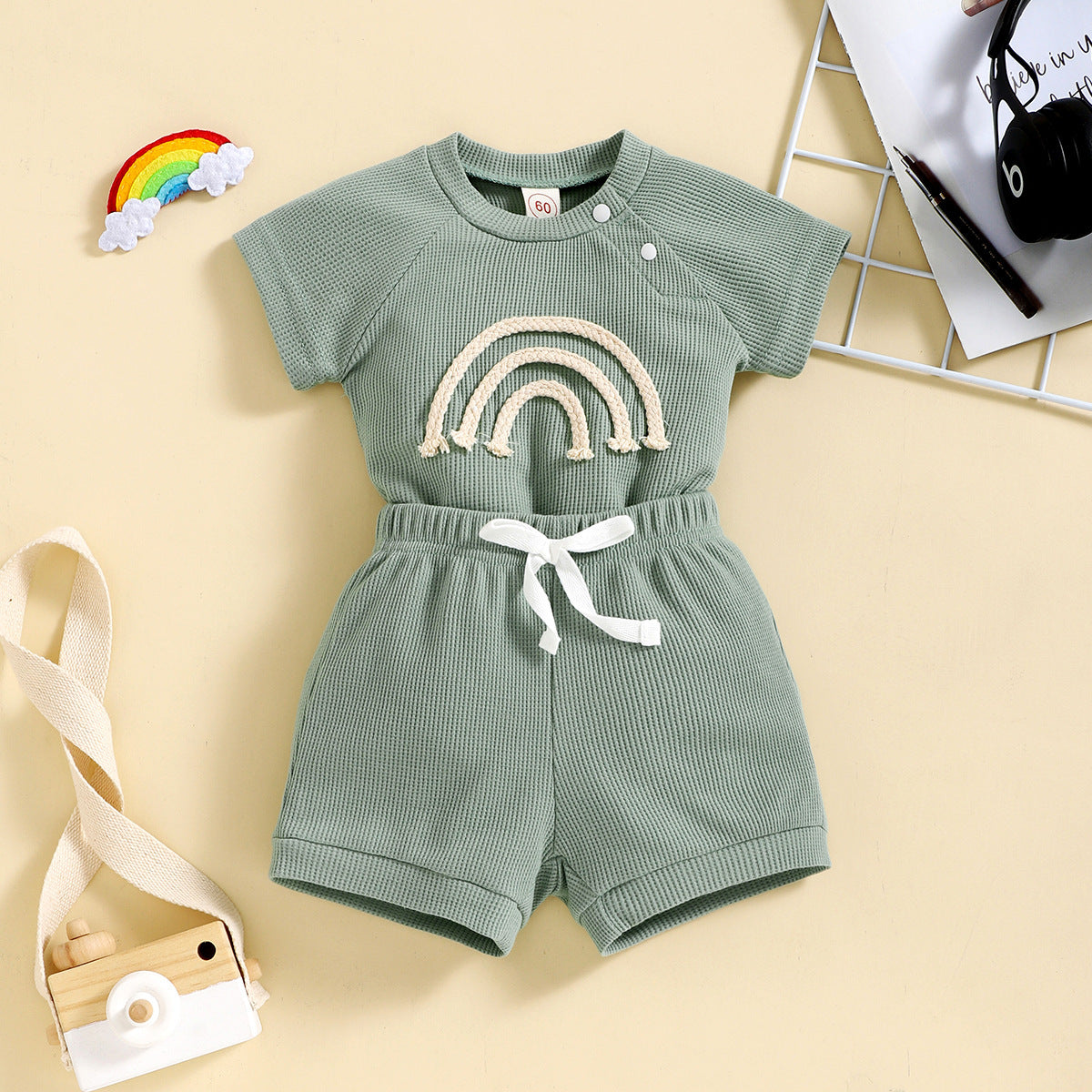 Rainbow Waffle Four-color Side Button Short Sleeve Baby Bodysuit Shorts Suit